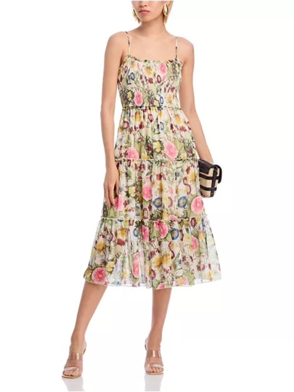 AQUA Floral Smocked Tiered Midi Dress